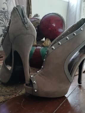 Dollhouse Taupe Suede Studded Peep-Toe Stiletto Heels